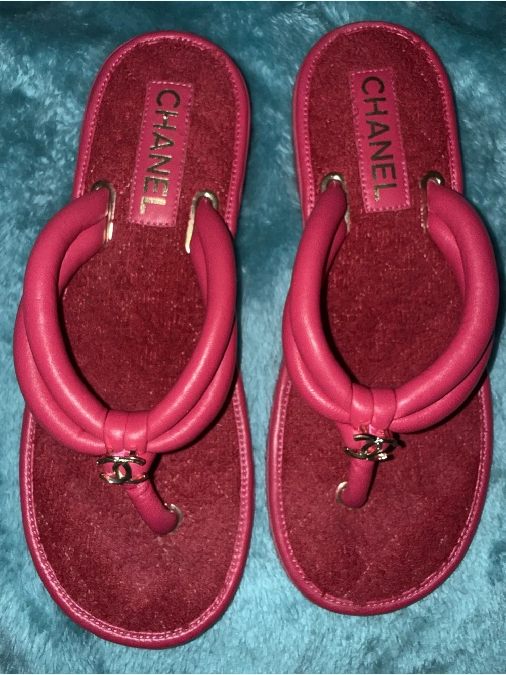 CHANEL red leather & pink terry cloth FLAT THONG Sandals Shoes 38